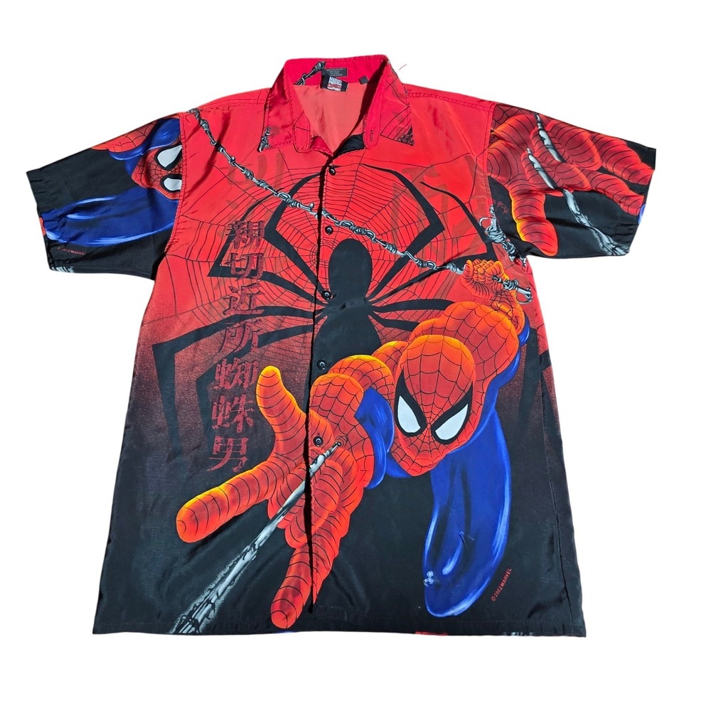 Vintage‎ 2002 Marvel Spider-Man Button Up Shirt Red Black XL Kanji Graphic Print